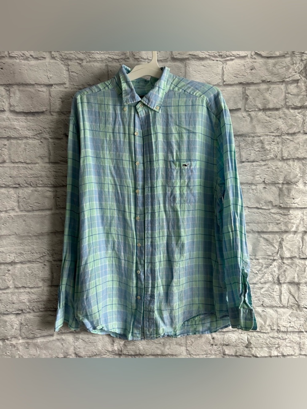 PREOWNED VINEYARD VINES GREEN BLUE PLAID LONG SLEEVE LINEN TUCKER SHIRT XL